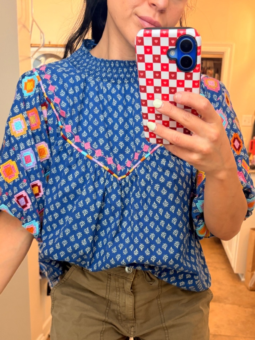 THML Royal Blue Embroidered Smocked-Neck Peasant Blouse - Picture 4 of 4